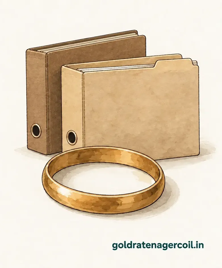 Drawing of a plain gold bangle in front of two unlabelled archive folders.