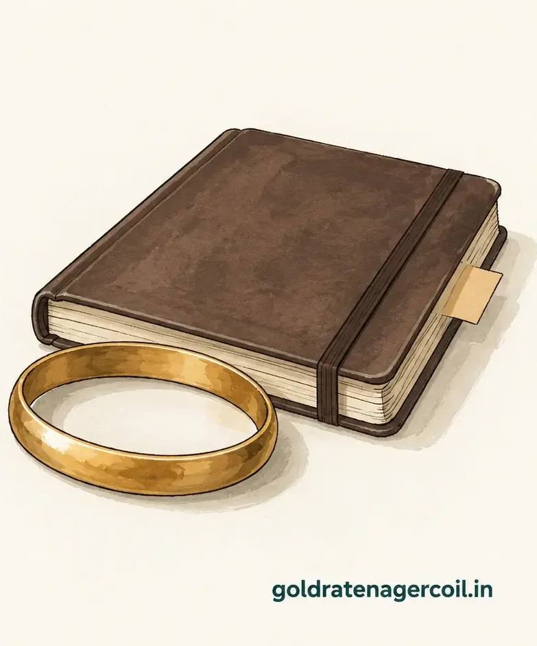 Drawing of a plain gold bangle beside a closed, unlabelled notebook.