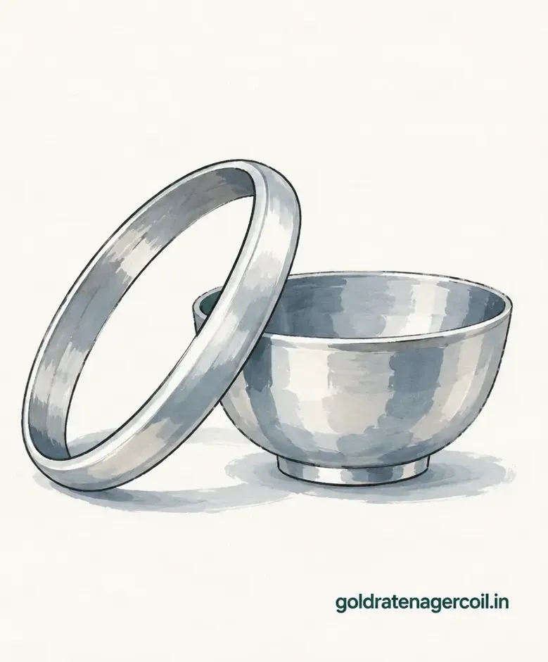Drawing of a plain silver bangle leaning against a small silver bowl, with no fineness mark on either.