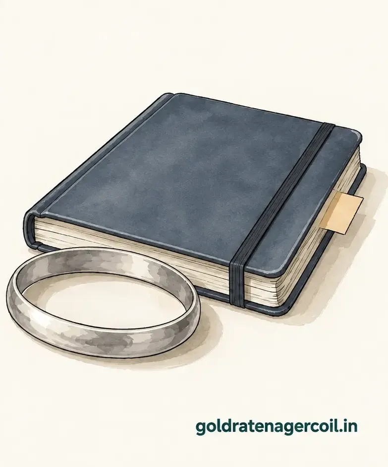 Drawing of a plain silver bangle beside a closed, unlabelled notebook.